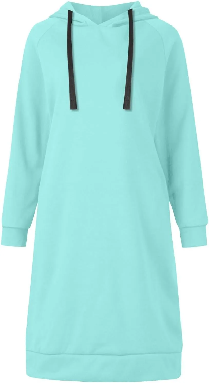 Hoodie Dress for Women Long Sleeve Warmy Oversized Hooded Dress Fleece Solid Color Long Sweatshirt with Pocket