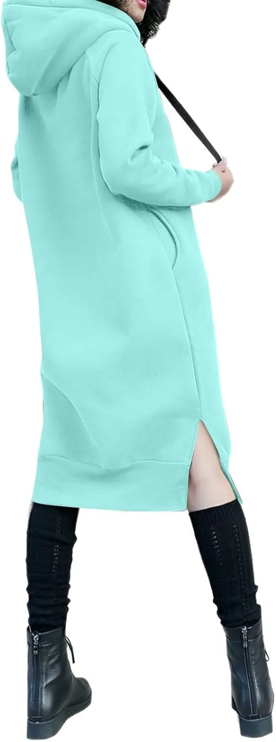 Hoodie Dress for Women Long Sleeve Warmy Oversized Hooded Dress Fleece Solid Color Long Sweatshirt with Pocket