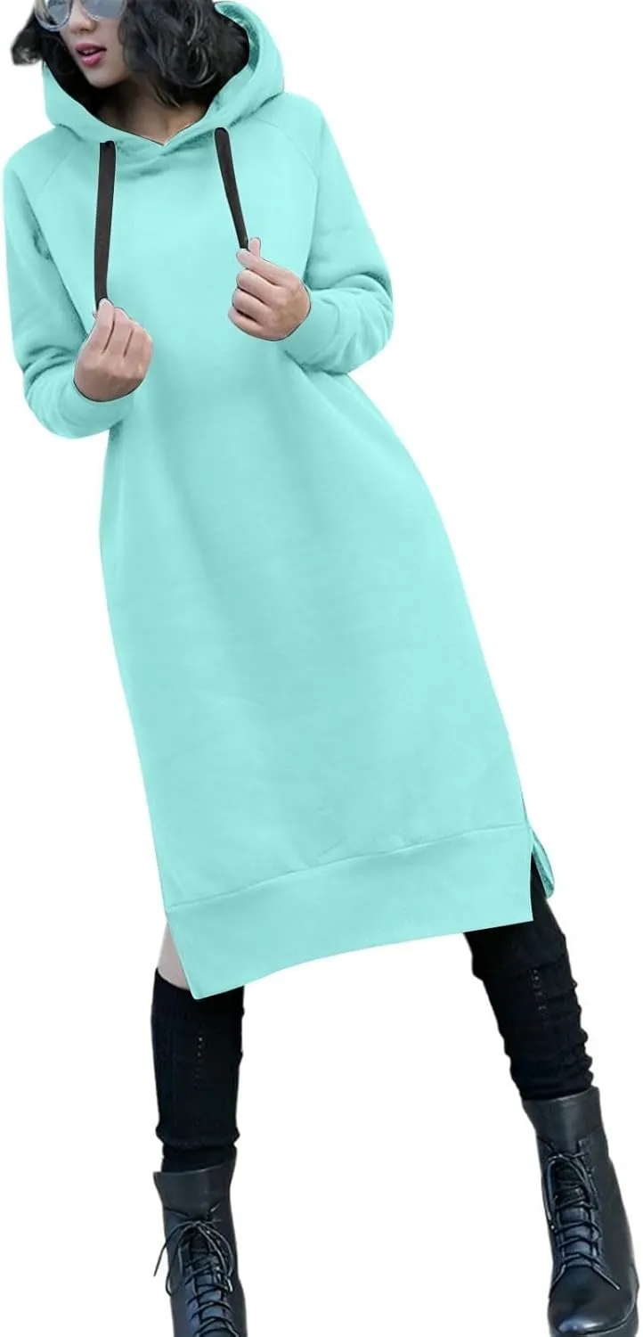 Hoodie Dress for Women Long Sleeve Warmy Oversized Hooded Dress Fleece Solid Color Long Sweatshirt with Pocket
