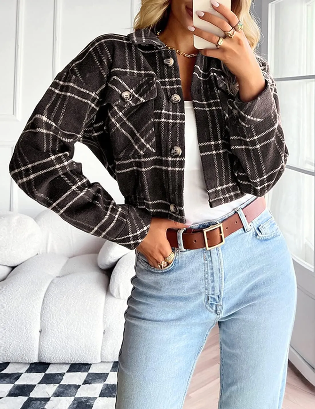 Hooever Womens Casual Fashion Wool Blend Plaid Flannel Shackets Jacket Button Down Shirt Coat