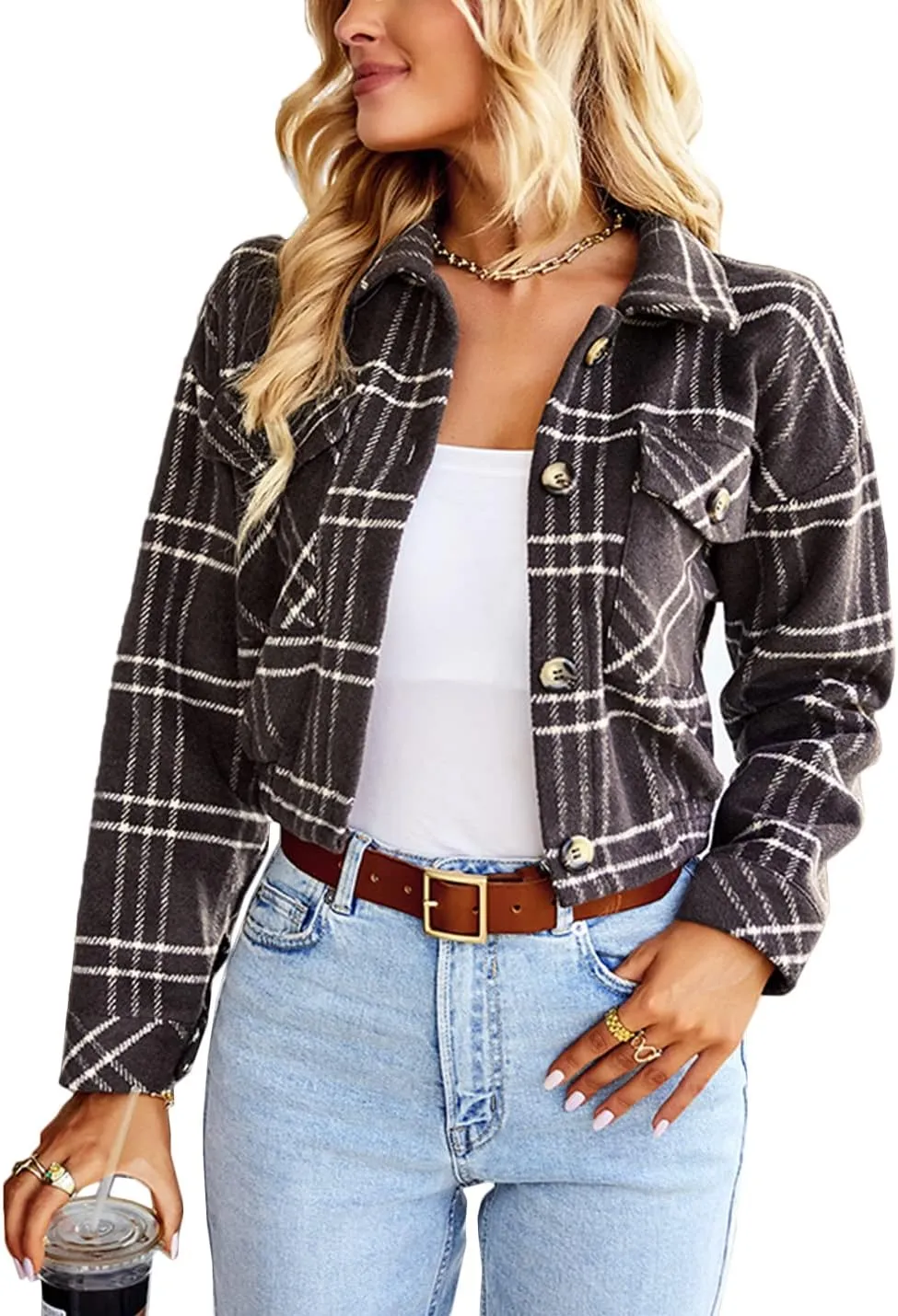 Hooever Womens Casual Fashion Wool Blend Plaid Flannel Shackets Jacket Button Down Shirt Coat