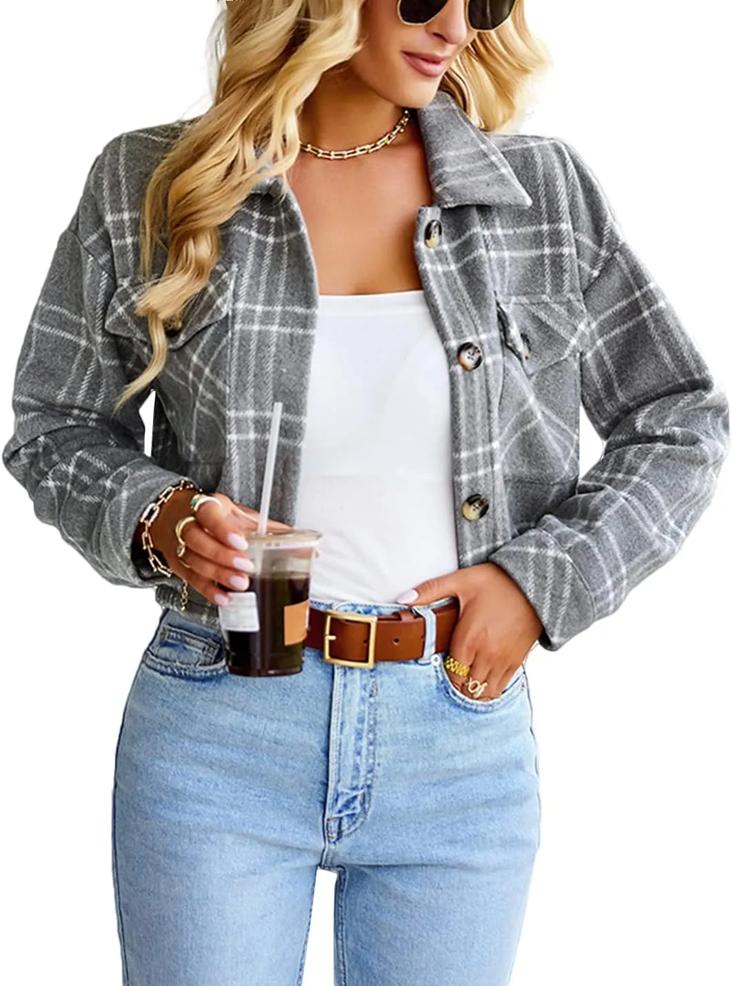 Hooever Womens Casual Fashion Wool Blend Plaid Flannel Shackets Jacket Button Down Shirt Coat