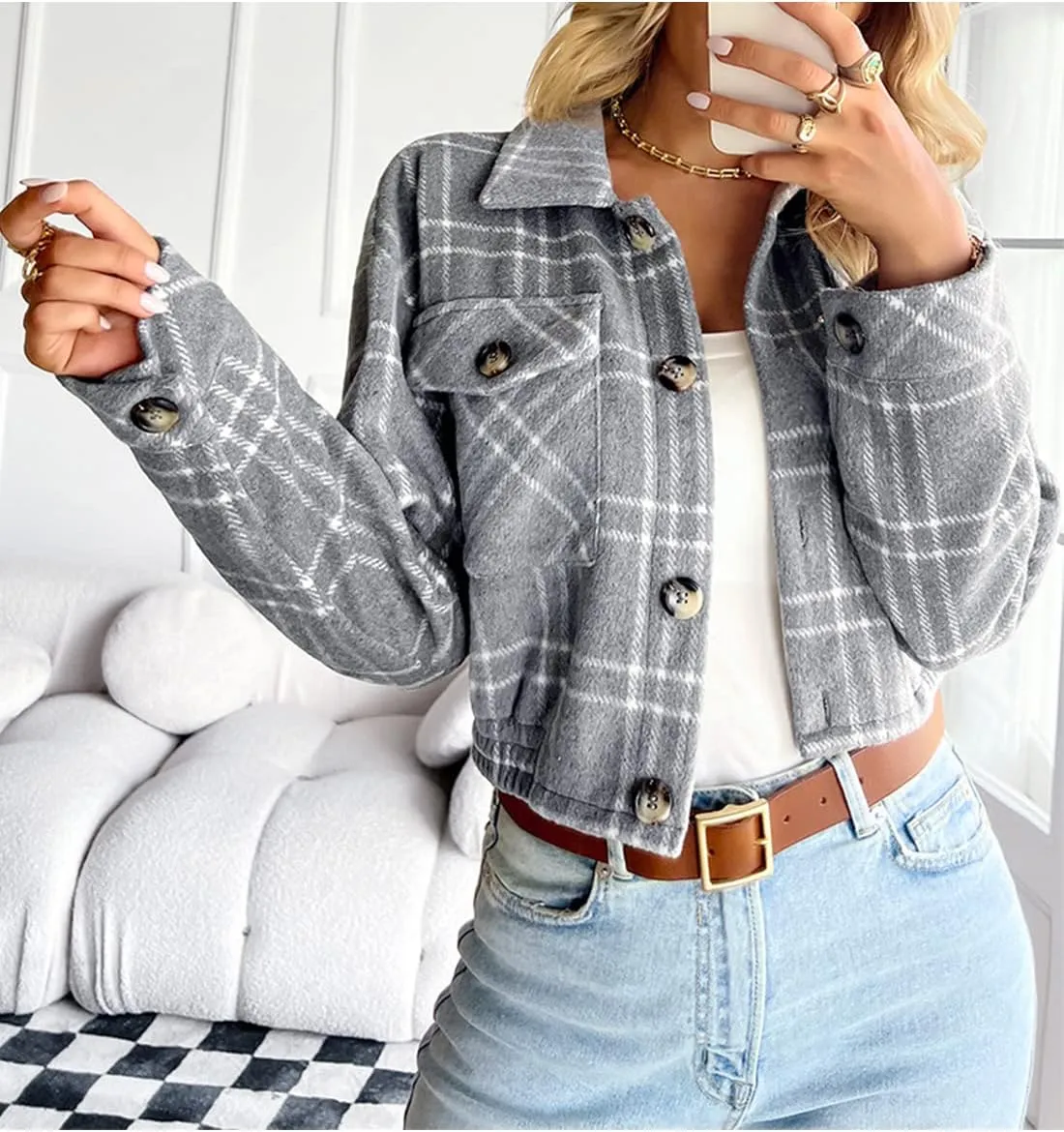 Hooever Womens Casual Fashion Wool Blend Plaid Flannel Shackets Jacket Button Down Shirt Coat