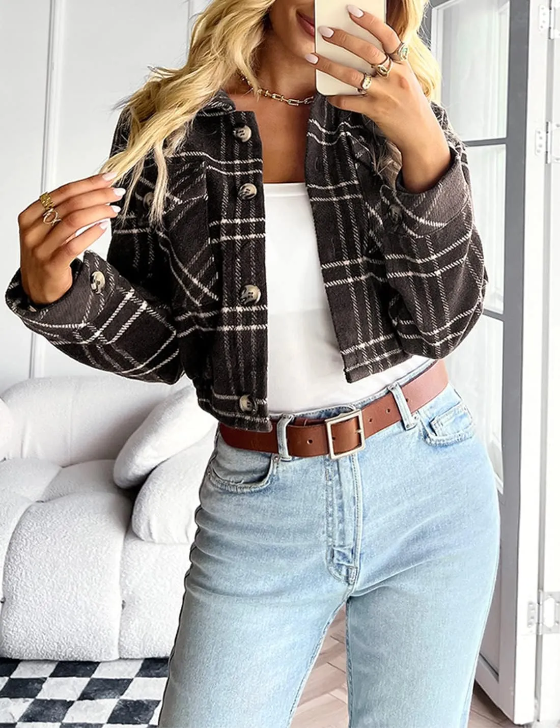 Hooever Womens Casual Fashion Wool Blend Plaid Flannel Shackets Jacket Button Down Shirt Coat