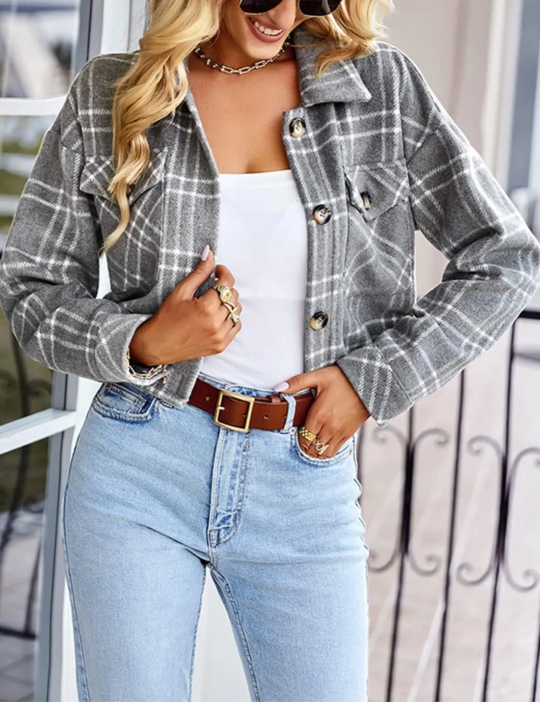 Hooever Womens Casual Fashion Wool Blend Plaid Flannel Shackets Jacket Button Down Shirt Coat