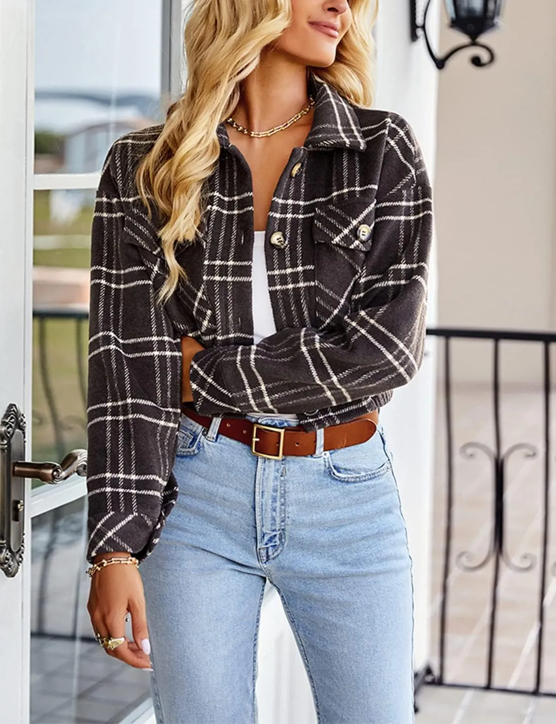 Hooever Womens Casual Fashion Wool Blend Plaid Flannel Shackets Jacket Button Down Shirt Coat