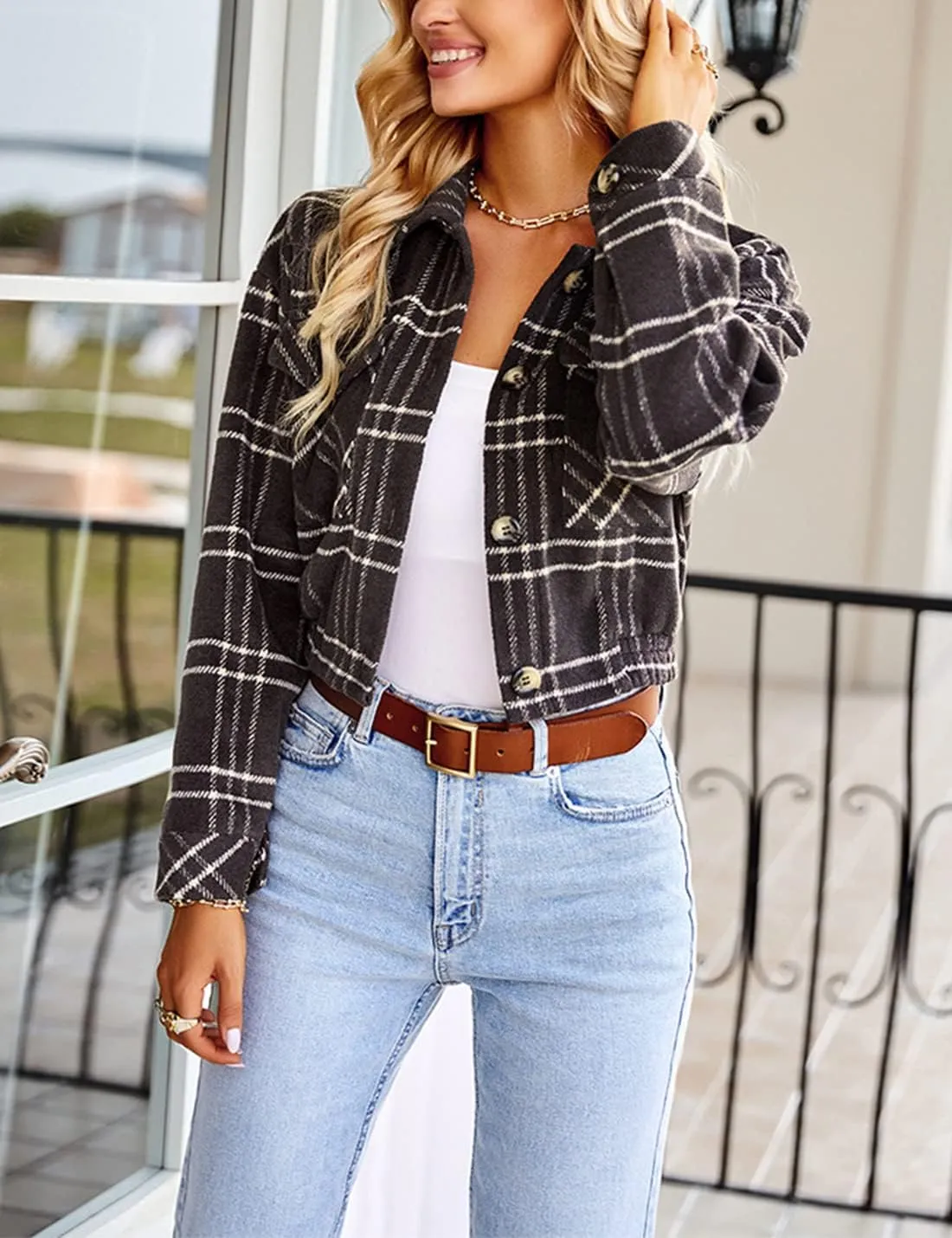 Hooever Womens Casual Fashion Wool Blend Plaid Flannel Shackets Jacket Button Down Shirt Coat