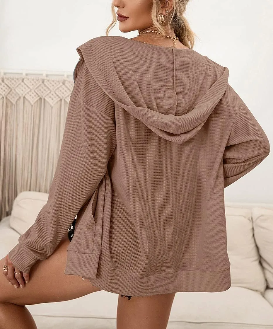 Hotmiss Zip Up Hoodie for Women Long Sleeve Waffle Fall Oversized Sweatshirts Casual Hoodies Jacket with Pocket