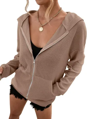 Hotmiss Zip Up Hoodie for Women Long Sleeve Waffle Fall Oversized Sweatshirts Casual Hoodies Jacket with Pocket
