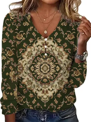 HOTYD Women's Boho Floral Print Blouses for Women Dressy Casual Button Cute Blouse V Neck Long Sleeve Shirts Tunic Tops