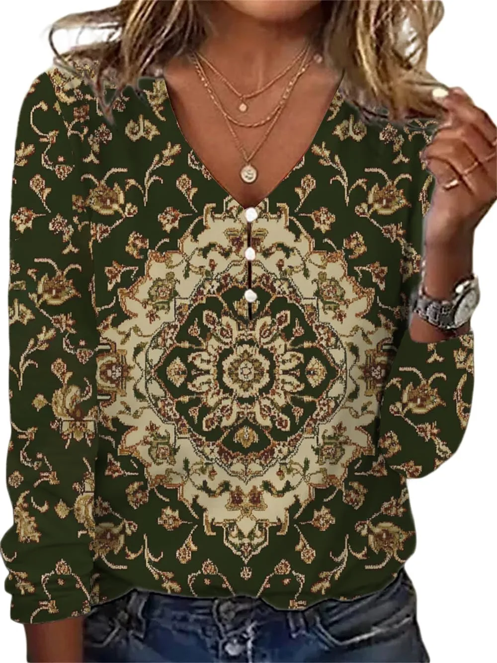 HOTYD Women's Boho Floral Print Blouses for Women Dressy Casual Button Cute Blouse V Neck Long Sleeve Shirts Tunic Tops