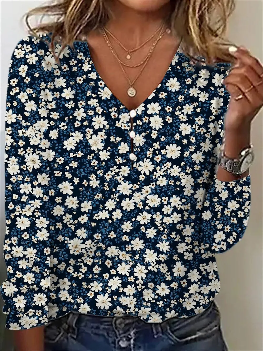 HOTYD Women's Boho Floral Print Blouses for Women Dressy Casual Button Cute Blouse V Neck Long Sleeve Shirts Tunic Tops