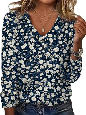 HOTYD Women's Boho Floral Print Blouses for Women Dressy Casual Button Cute Blouse V Neck Long Sleeve Shirts Tunic Tops