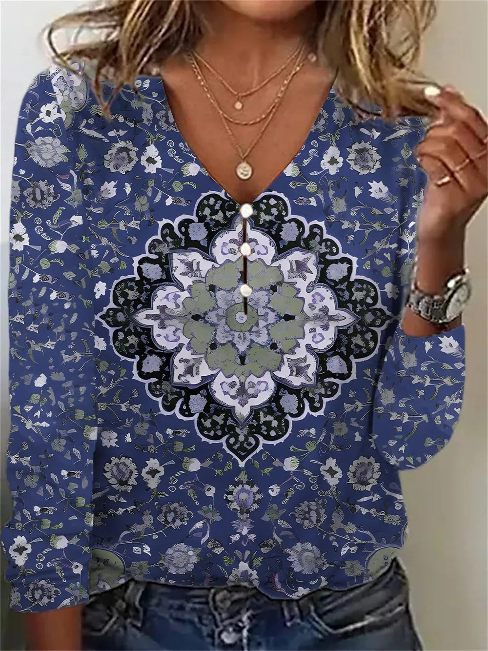 HOTYD Women's Boho Floral Print Blouses for Women Dressy Casual Button Cute Blouse V Neck Long Sleeve Shirts Tunic Tops