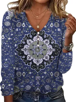 HOTYD Women's Boho Floral Print Blouses for Women Dressy Casual Button Cute Blouse V Neck Long Sleeve Shirts Tunic Tops