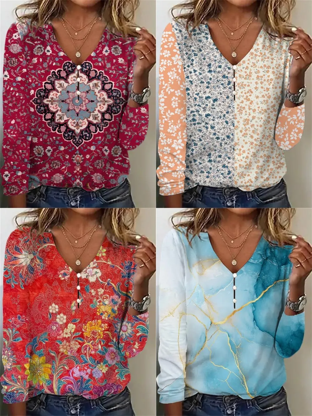 HOTYD Women's Boho Floral Print Blouses for Women Dressy Casual Button Cute Blouse V Neck Long Sleeve Shirts Tunic Tops