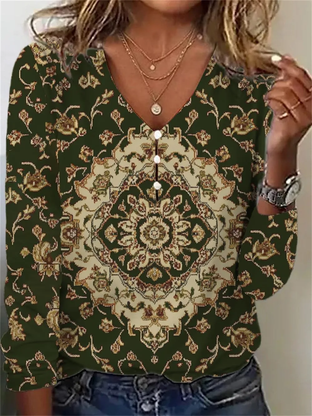 HOTYD Women's Boho Floral Print Blouses for Women Dressy Casual Button Cute Blouse V Neck Long Sleeve Shirts Tunic Tops