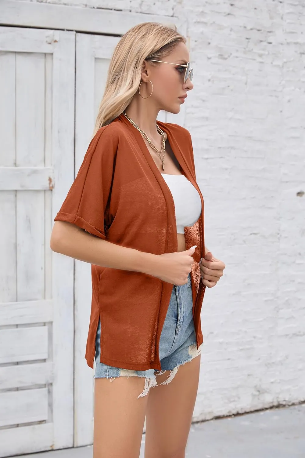 Iandroiy Women's Lightweight Open Front Cardigans Casual Short Sleeve Blouse Tops