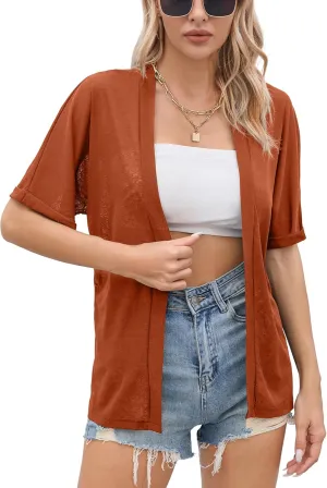 Iandroiy Women's Lightweight Open Front Cardigans Casual Short Sleeve Blouse Tops