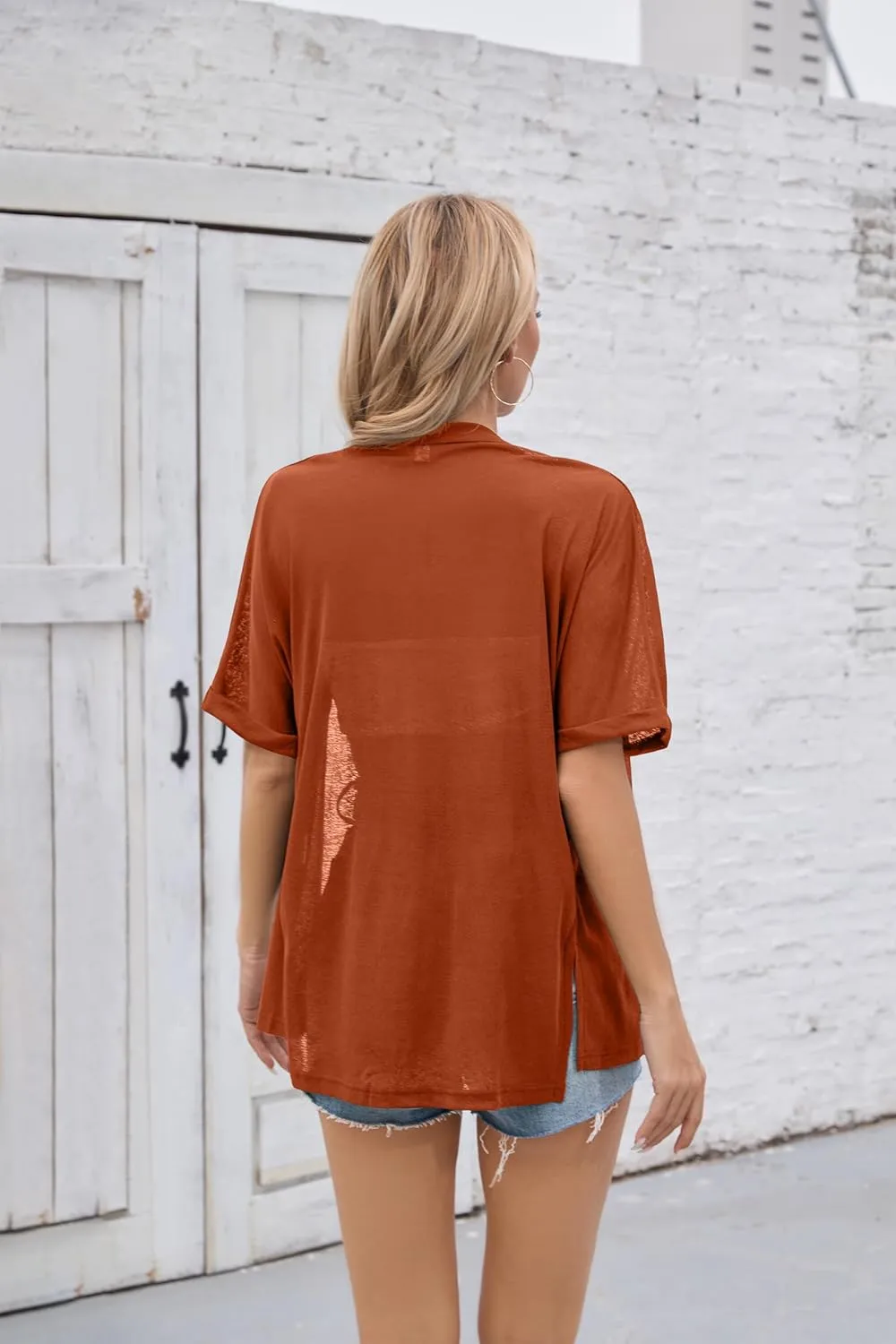Iandroiy Women's Lightweight Open Front Cardigans Casual Short Sleeve Blouse Tops