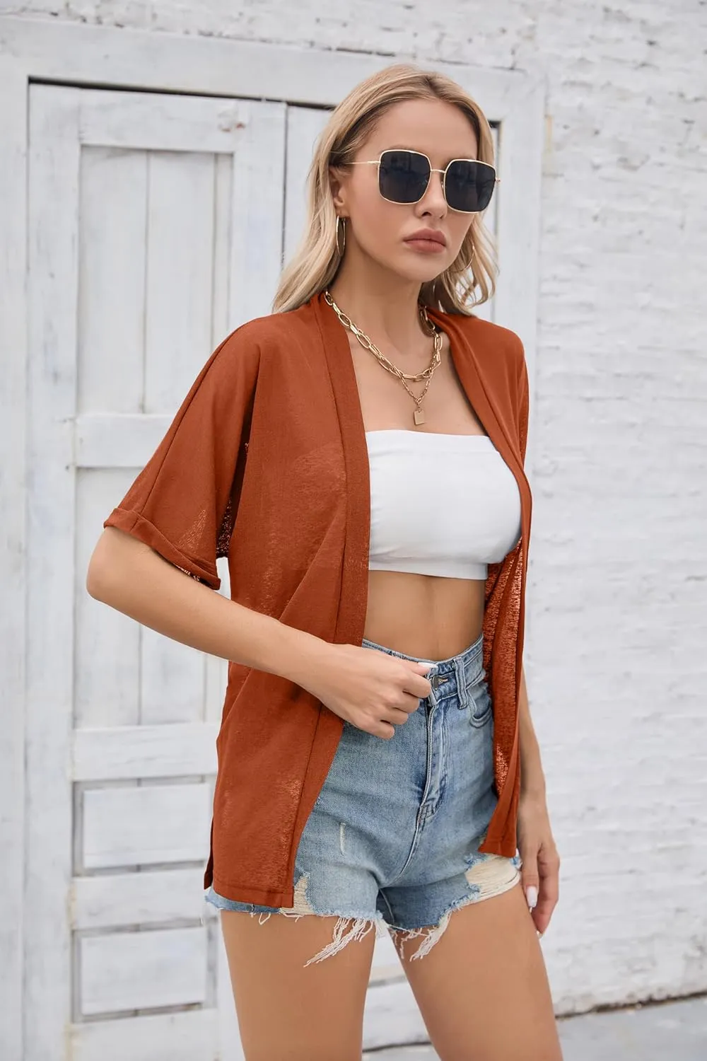 Iandroiy Women's Lightweight Open Front Cardigans Casual Short Sleeve Blouse Tops