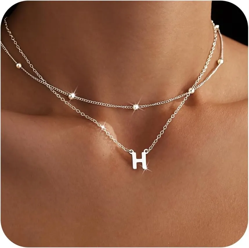 Initial Necklaces for Women 14K Gold Silver Plated Letter Jewelry Non Tarnish Layered Dainty Cute A-Z Pendant Choker Necklace Waterproof Trendy Name Necklace Personalized Jewelry Gift for Women