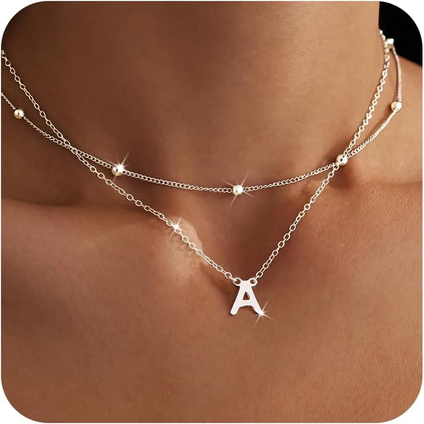 Initial Necklaces for Women 14K Gold Silver Plated Letter Jewelry Non Tarnish Layered Dainty Cute A-Z Pendant Choker Necklace Waterproof Trendy Name Necklace Personalized Jewelry Gift for Women