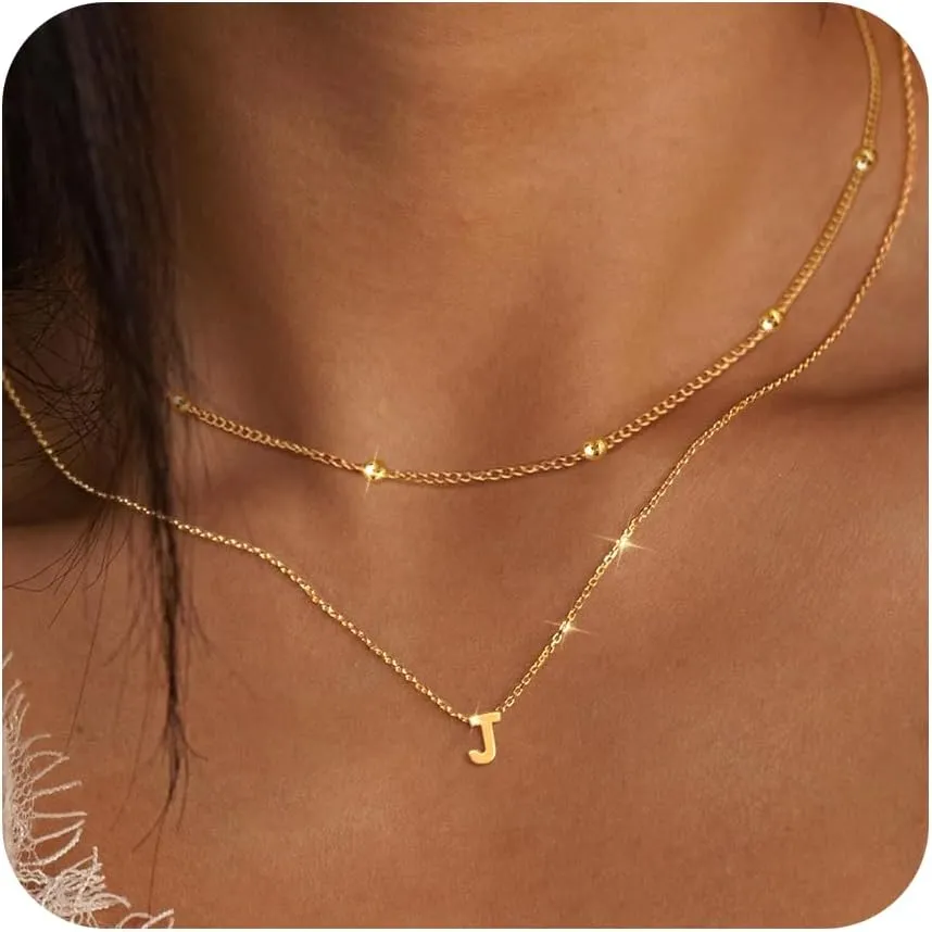 Initial Necklaces for Women 14K Gold Silver Plated Letter Jewelry Non Tarnish Layered Dainty Cute A-Z Pendant Choker Necklace Waterproof Trendy Name Necklace Personalized Jewelry Gift for Women