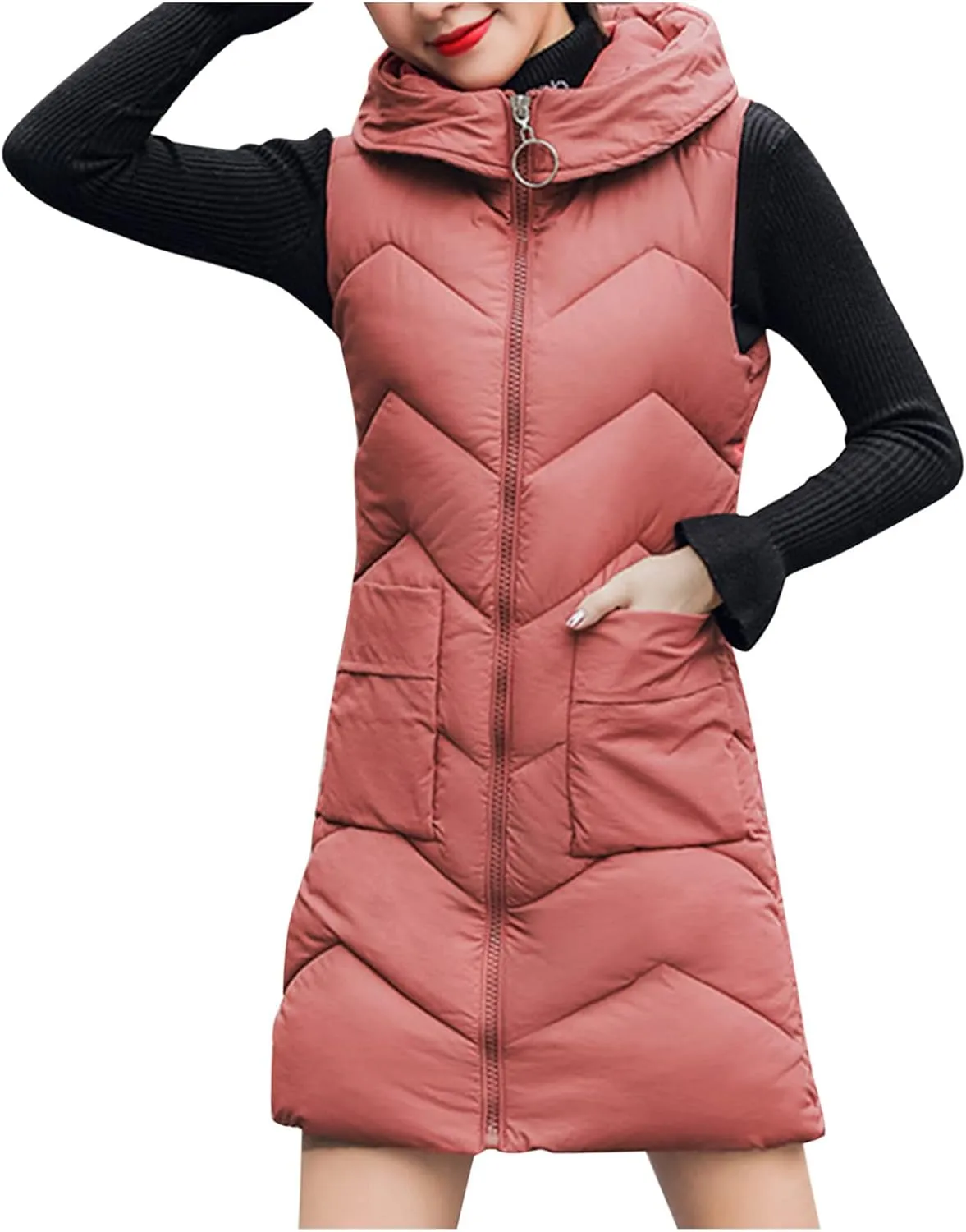 iQKA Women Puffer Down Vest Winter Warm Coat Sleeveless Zipper Quilted Jacket Mid Long Hooded Outwear with Pocket