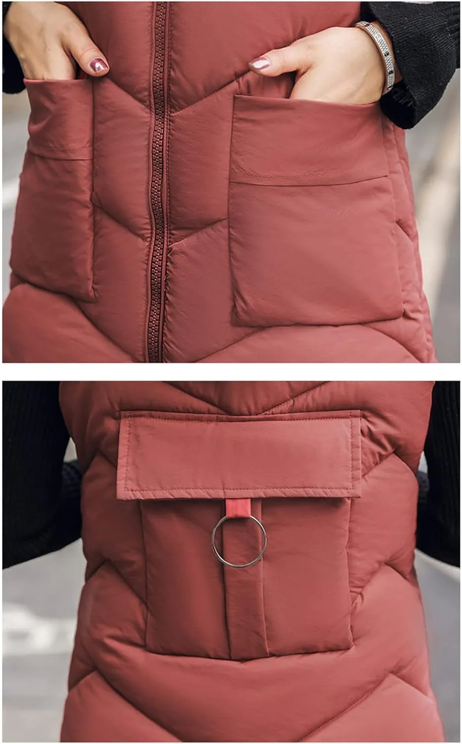 iQKA Women Puffer Down Vest Winter Warm Coat Sleeveless Zipper Quilted Jacket Mid Long Hooded Outwear with Pocket