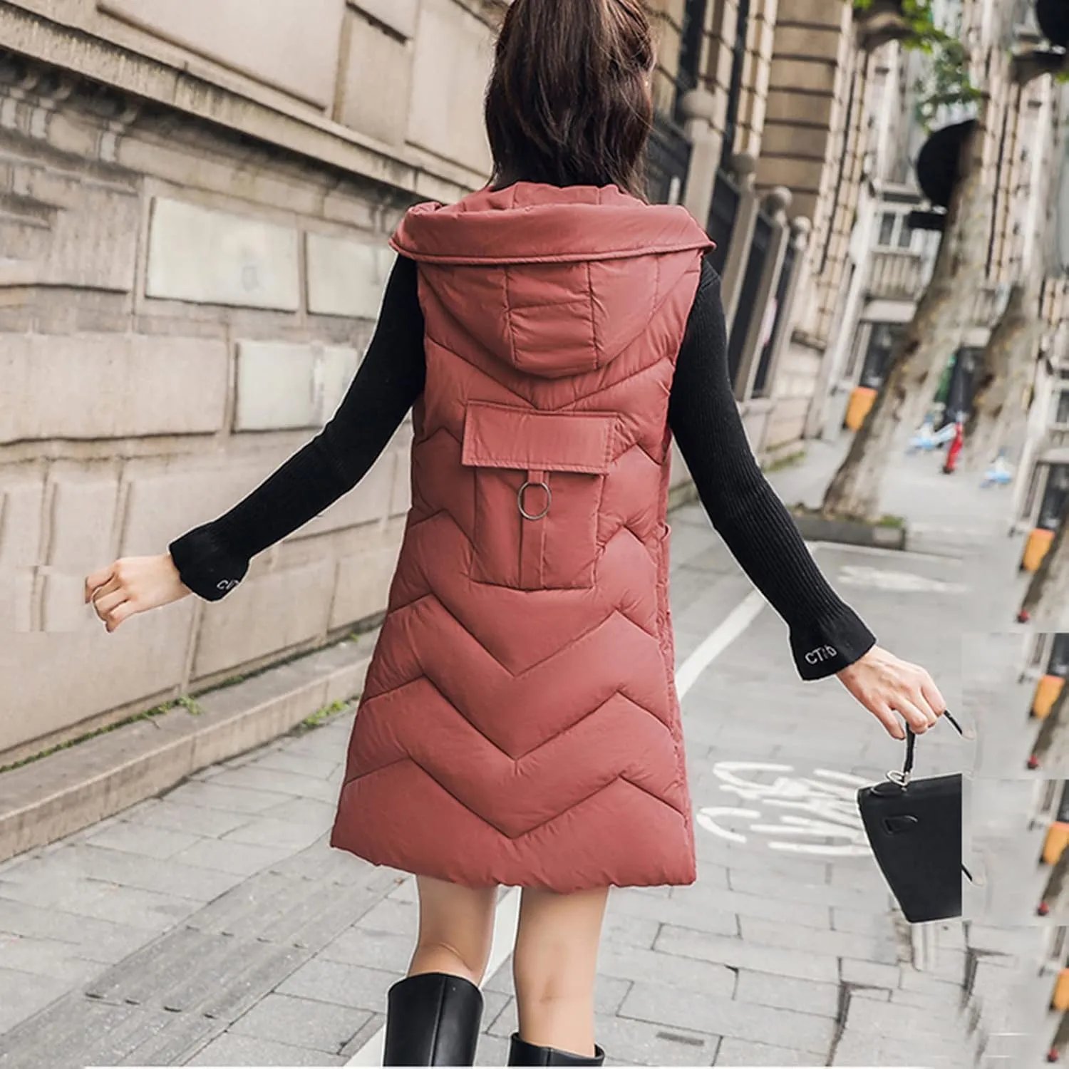 iQKA Women Puffer Down Vest Winter Warm Coat Sleeveless Zipper Quilted Jacket Mid Long Hooded Outwear with Pocket