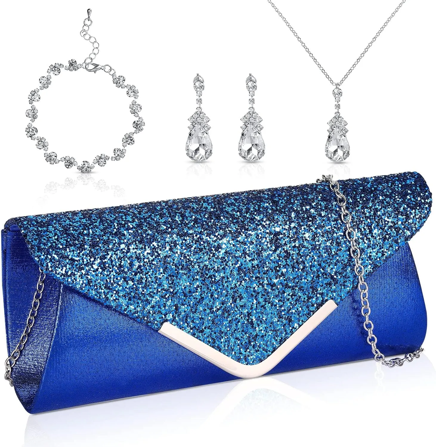 Jadive 4 Pcs Clutch Purses Bag for Women Evening Rhinestone Jewelry Set Bling Necklace Earrings Bracelet for Prom