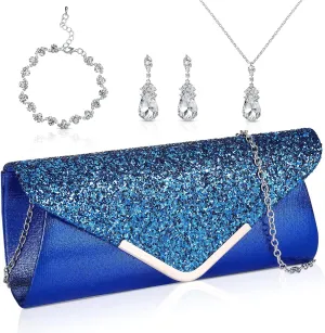 Jadive 4 Pcs Clutch Purses Bag for Women Evening Rhinestone Jewelry Set Bling Necklace Earrings Bracelet for Prom