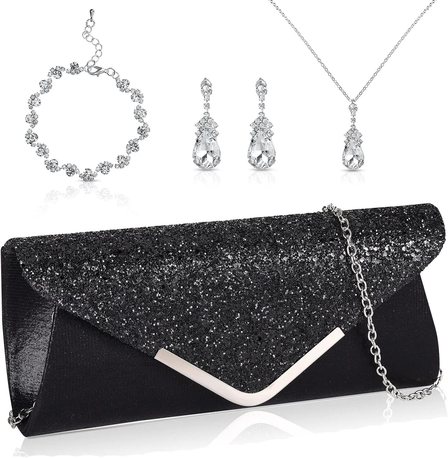 Jadive 4 Pcs Clutch Purses Bag for Women Evening Rhinestone Jewelry Set Bling Necklace Earrings Bracelet for Prom