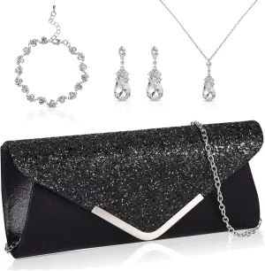 Jadive 4 Pcs Clutch Purses Bag for Women Evening Rhinestone Jewelry Set Bling Necklace Earrings Bracelet for Prom