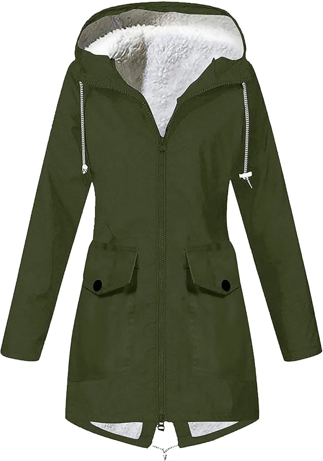 JEsilunmaMY Waterproof Fleece Lined Raincoat for Women Solid Color Outdoor Windbreaker with Hood Outdoor Hiking Trench Coat