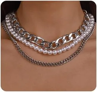 Jumwrit Dainty Layered Necklace Boho Round White Pearl Necklace Cuban Chain Choker Necklace Curb Link Chain Necklace for WomenSilver