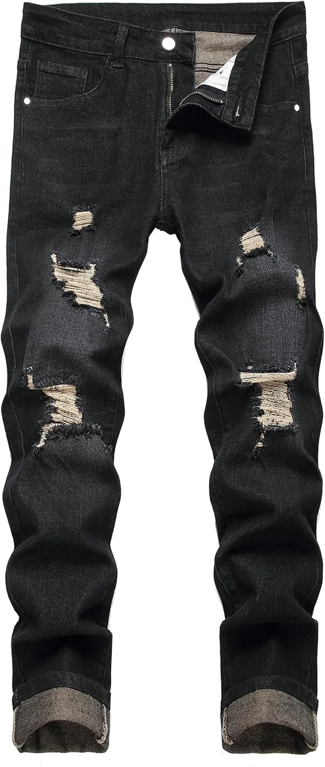 JUNBAOSS Men's Slim Fit Stretch Jeans Ripped Skinny Jeans for Men, Fashion Distressed Straight Comfort Flex Waist Pants