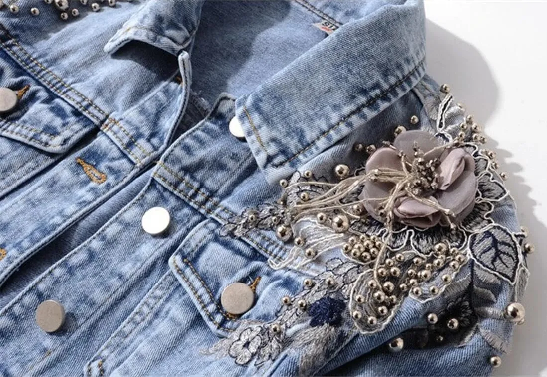 Kedera Women's Denim Jacket Long Sleeve Western Rivet Studded Washed Pearl Short Jean Coat