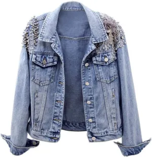 Kedera Women's Denim Jacket Long Sleeve Western Rivet Studded Washed Pearl Short Jean Coat