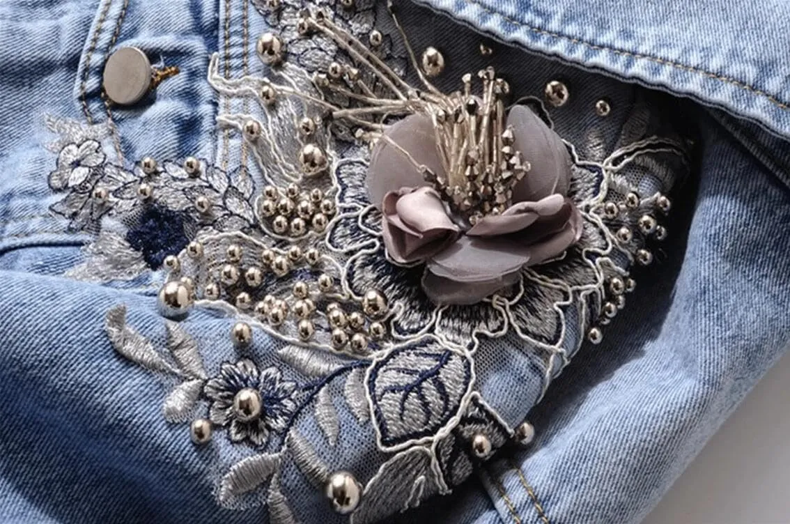 Kedera Women's Denim Jacket Long Sleeve Western Rivet Studded Washed Pearl Short Jean Coat