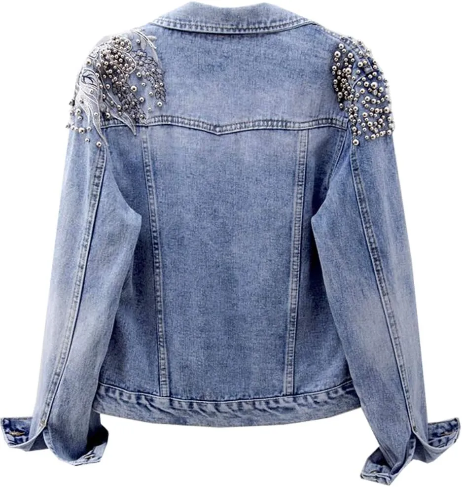 Kedera Women's Denim Jacket Long Sleeve Western Rivet Studded Washed Pearl Short Jean Coat