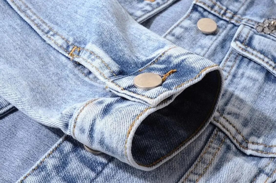 Kedera Women's Denim Jacket Long Sleeve Western Rivet Studded Washed Pearl Short Jean Coat