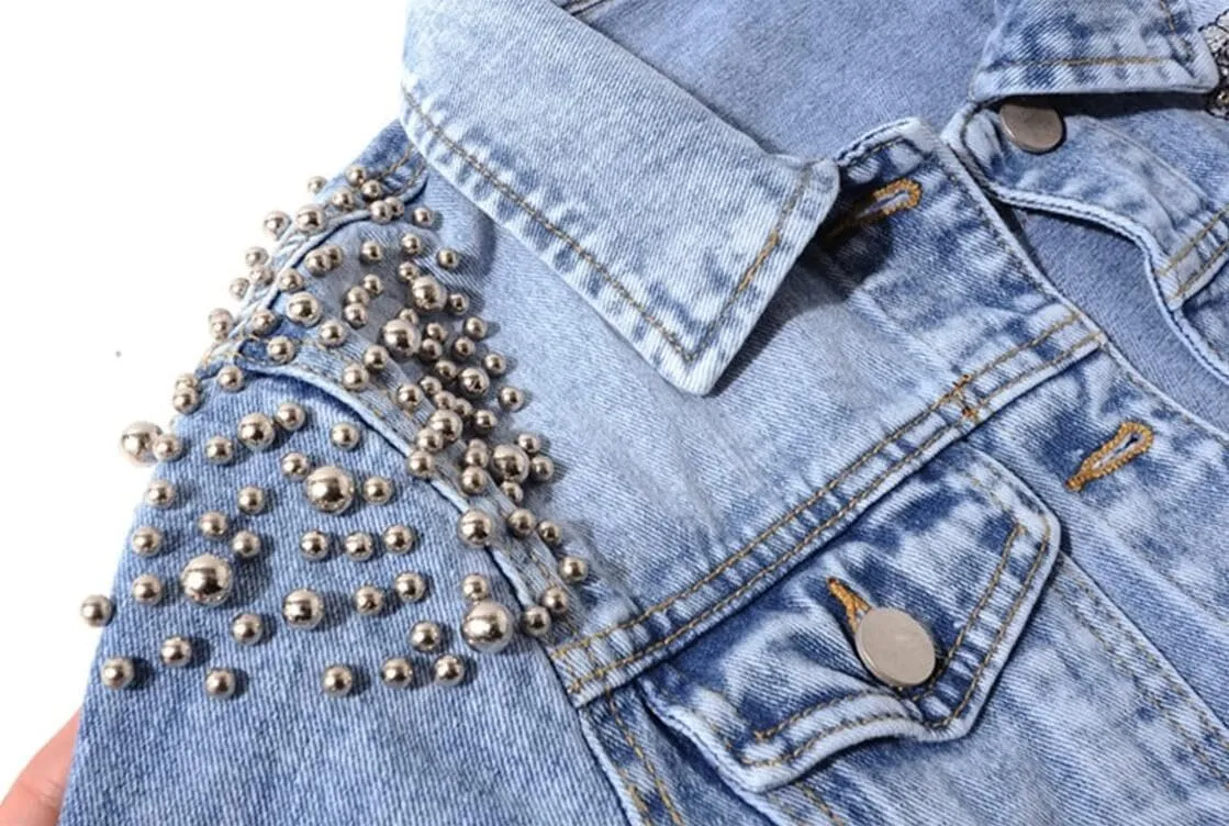 Kedera Women's Denim Jacket Long Sleeve Western Rivet Studded Washed Pearl Short Jean Coat