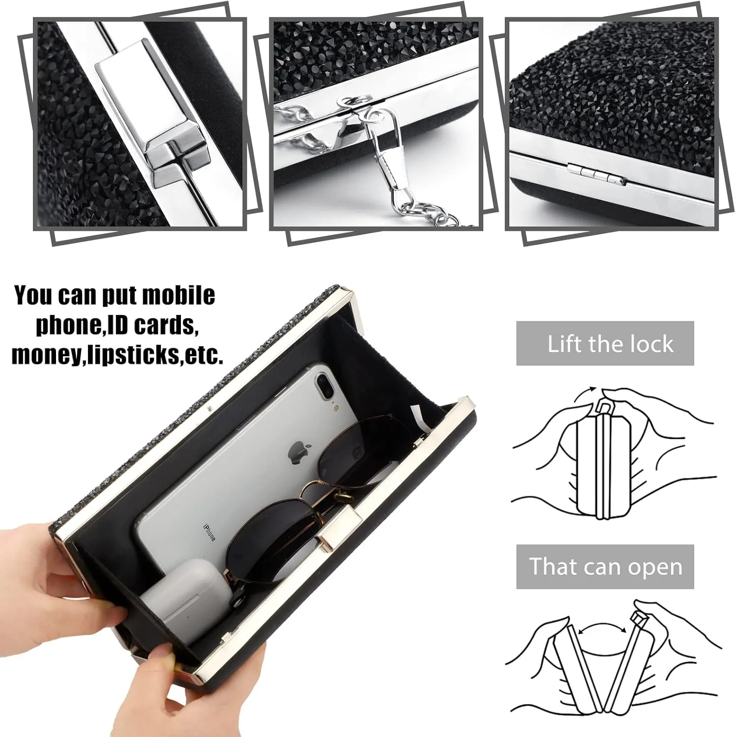 Kigeli 4 Pcs Women Rhinestone Evening Clutch Bag Crystal Jewelry Set Rhinestone Tassel Necklace Stretch Bangle Bracelet Crystal Fringe Earrings Bling Glitter Handbag for Wedding