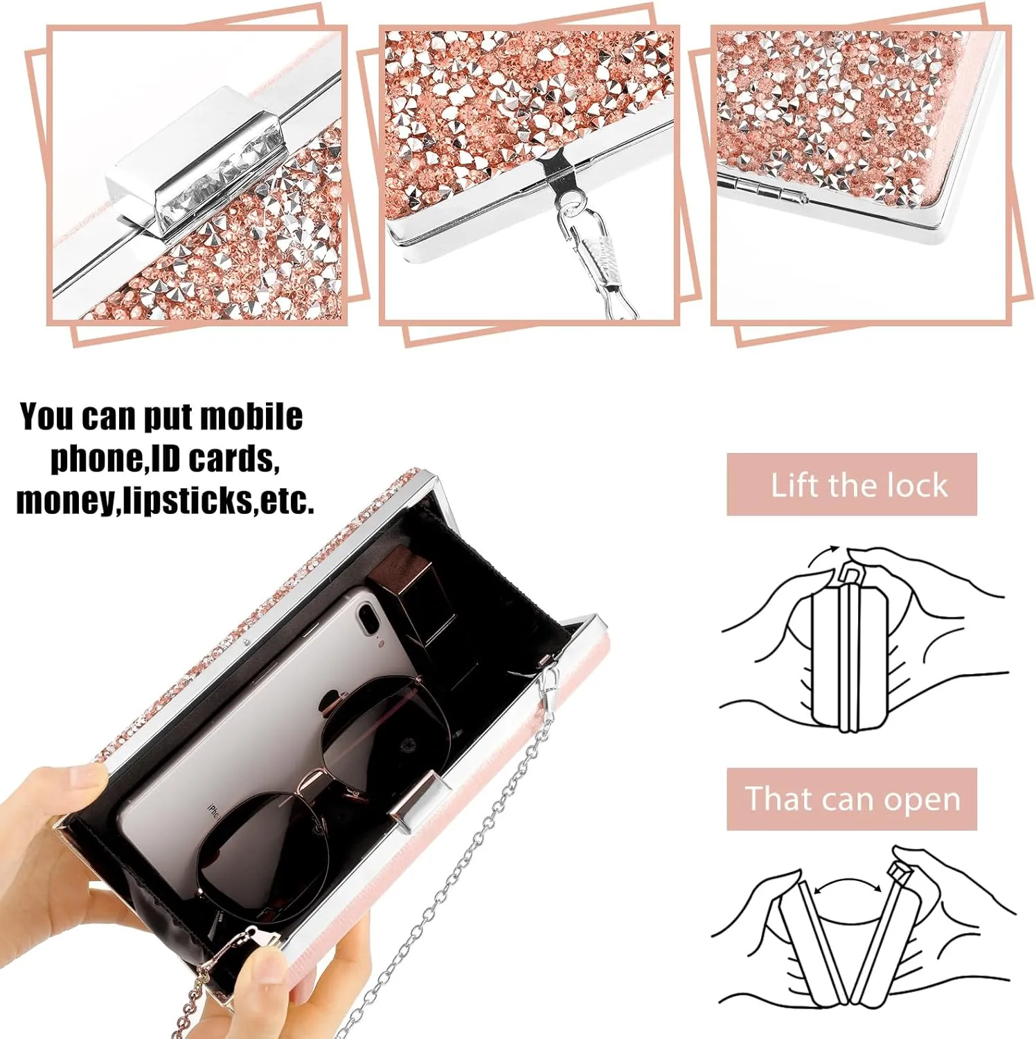 Kigeli 4 Pcs Women Rhinestone Evening Clutch Bag Crystal Jewelry Set Rhinestone Tassel Necklace Stretch Bangle Bracelet Crystal Fringe Earrings Bling Glitter Handbag for Wedding