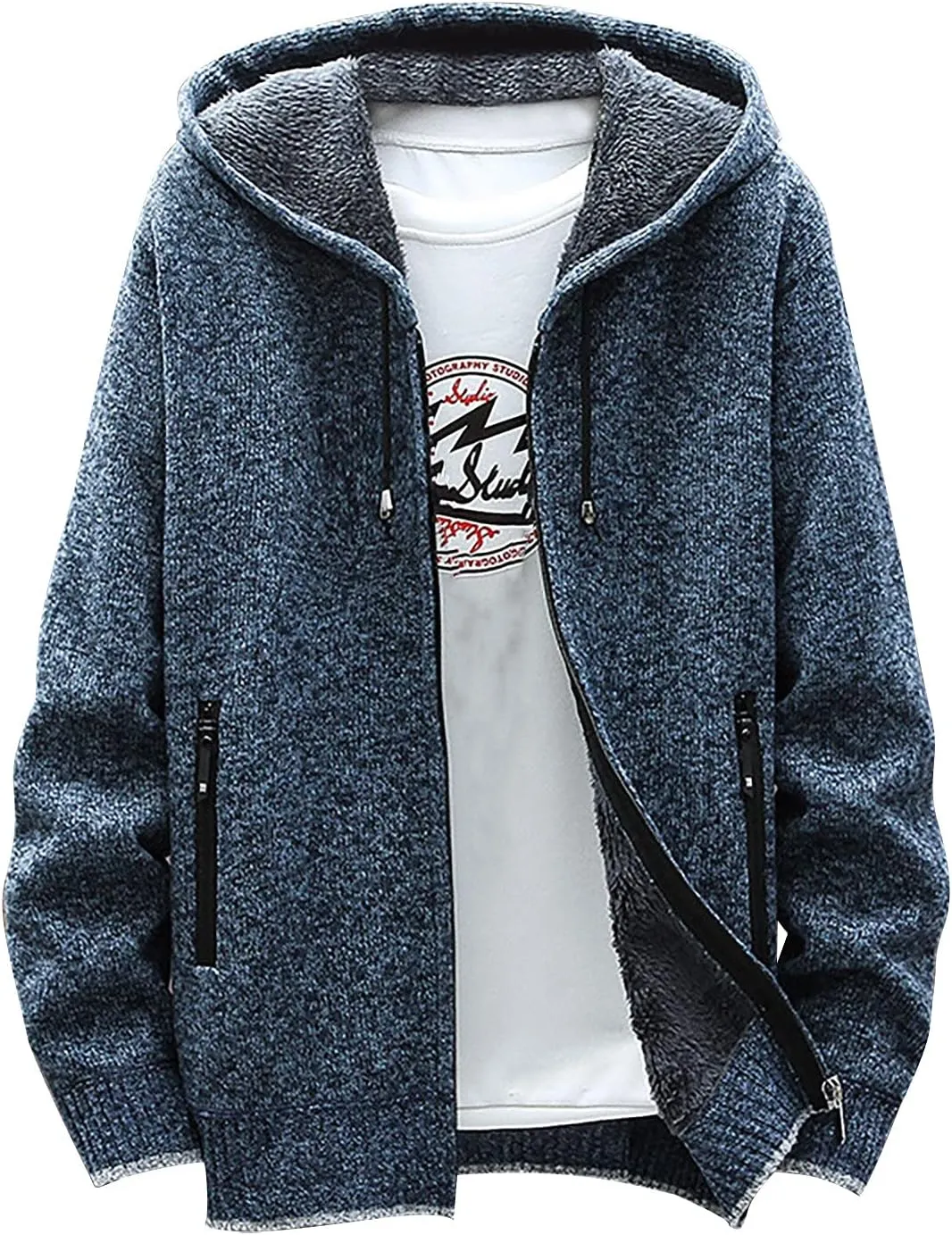 Knit Hoodies For Men Cardigan Sweaters Full Zip Hooded Sweatshirts Fleece Lined Sweater Jackets With Pockets