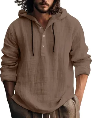 KUIOLYPOER Men's Cotton Linen Shirts Long Sleeve Hooded Drawstring Shirt Spring Summer Casual Loose Beach Shirts with Hood