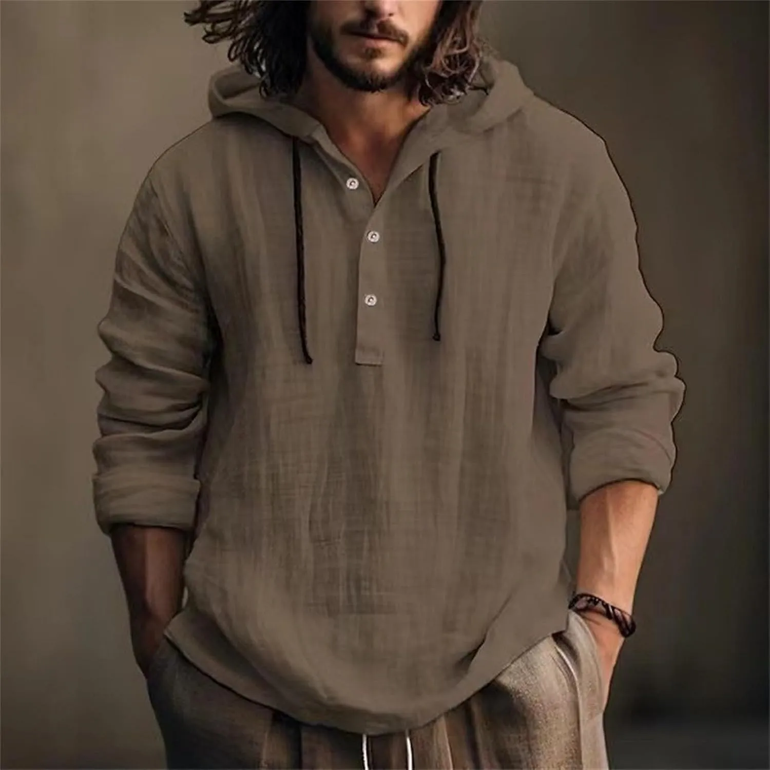 KUIOLYPOER Men's Cotton Linen Shirts Long Sleeve Hooded Drawstring Shirt Spring Summer Casual Loose Beach Shirts with Hood