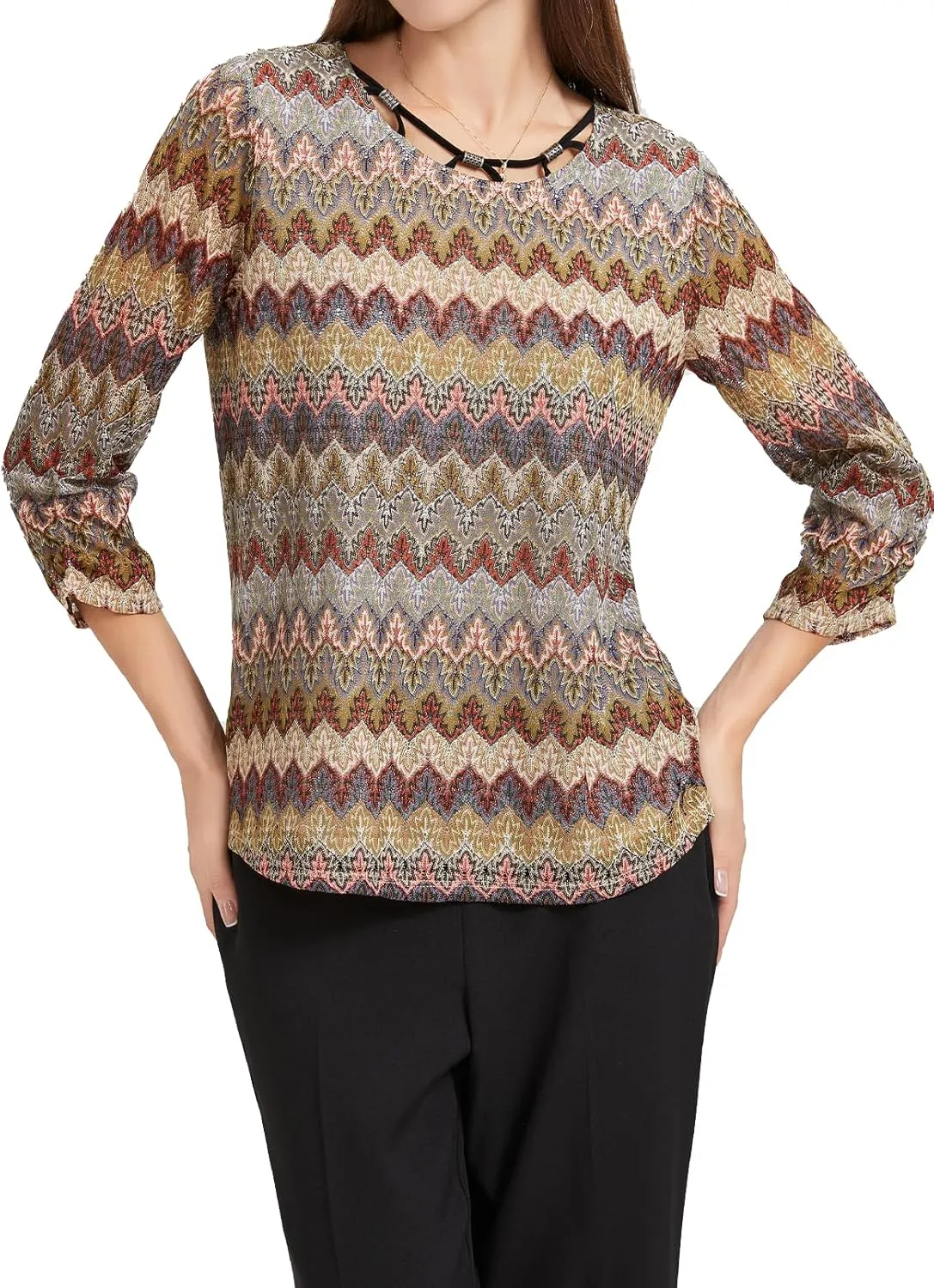 KYAL Women's Bohemian 3/4 Sleeve Tunic Top Round Neck Smocked Sleeve Summer T-Shirts Stretchy Tops